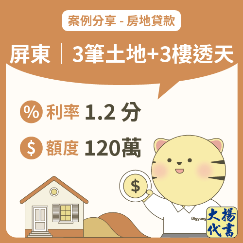 屏東房地貸款｜3筆土地+3樓透天120萬－大揚代書